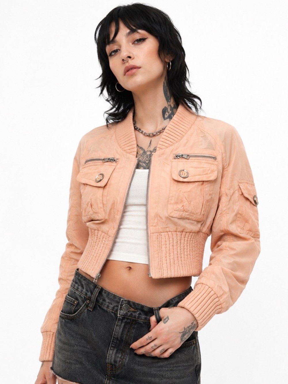 BLANC NOIR Cropped Cargo Bomber Jacket Zip Up 3/4 Sleeves Sanibel Peach Size S
